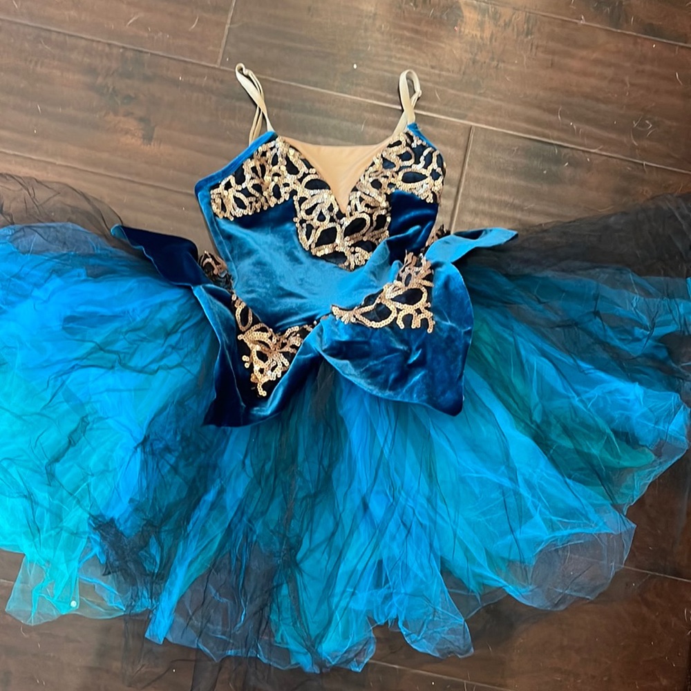 Ballerina costume green and black with gold sequins. Leotard with attached tutu